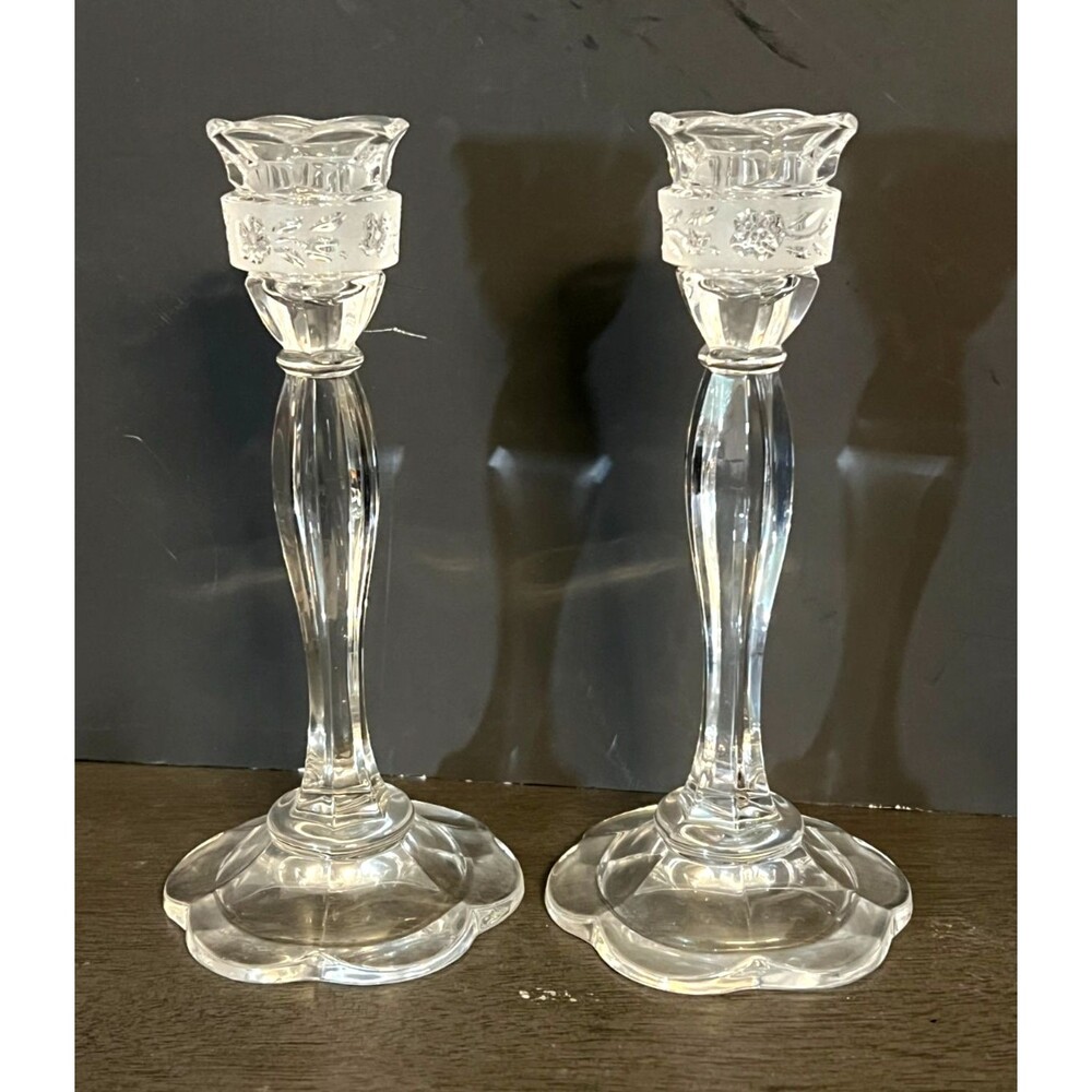 2pc Clear Crystal Candlestick Holders Frosted Floral Accent Wedding Decor Vtg